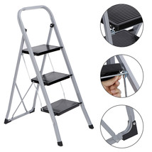 3 Step Ladder Folding Steel Step Stool Anti-Slip Silver Black 300Lbs Capacity - £53.71 GBP