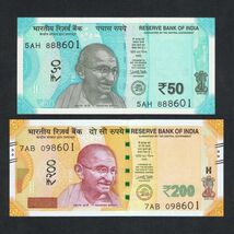 INDIA "SET OF 2" 50 + 200 RUPEES, NEW ISSUE BANKNOTE, UNC - $9.03
