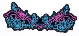 Pink Six Guns &amp; Blue Roses Iron On Sew On Embroidered Patch 5&quot;X 2&quot; - £5.07 GBP