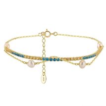 Double Layered Gold Chain Bracelet with Pearl Beads Pendant - £24.78 GBP