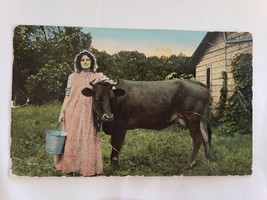 1910 &quot;Milking Time in Iowa&quot; Hand Colored Milkmaid &amp; Cow Mason City Iowa ... - £8.83 GBP