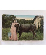 1910 &quot;Milking Time in Iowa&quot; Hand Colored Milkmaid &amp; Cow Mason City Iowa ... - £8.74 GBP