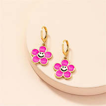 Pink Enamel &amp; 18K Gold-Plated Smiley Flower Huggie Earrings - £10.43 GBP