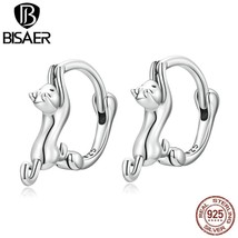 BISAER 100% 925 Silver Cute Cat Hoop Earrings Cats Pet Animal Stud Earring For W - £17.70 GBP