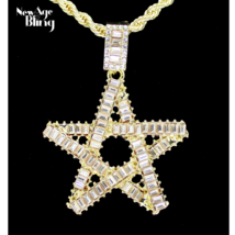 Iced CZ 5 Star Baguette Pendant 14k Gold Plated 24&quot; Rope Necklace Hip Hop  - £7.23 GBP