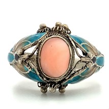 Vintage Sterling Signed 925 BJ Butterfly Enamel Coral Stone Dome Ring Ba... - £59.21 GBP