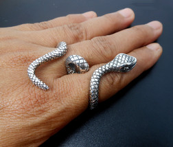 Snake Textured Wrap Double Ring 925 Sterling Silver, Handmade Unisex Cuff Ring - £104.30 GBP