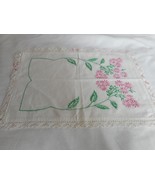 Vintage  pink green Floral handmade embroidered  Dresser scarf  runner - $10.40