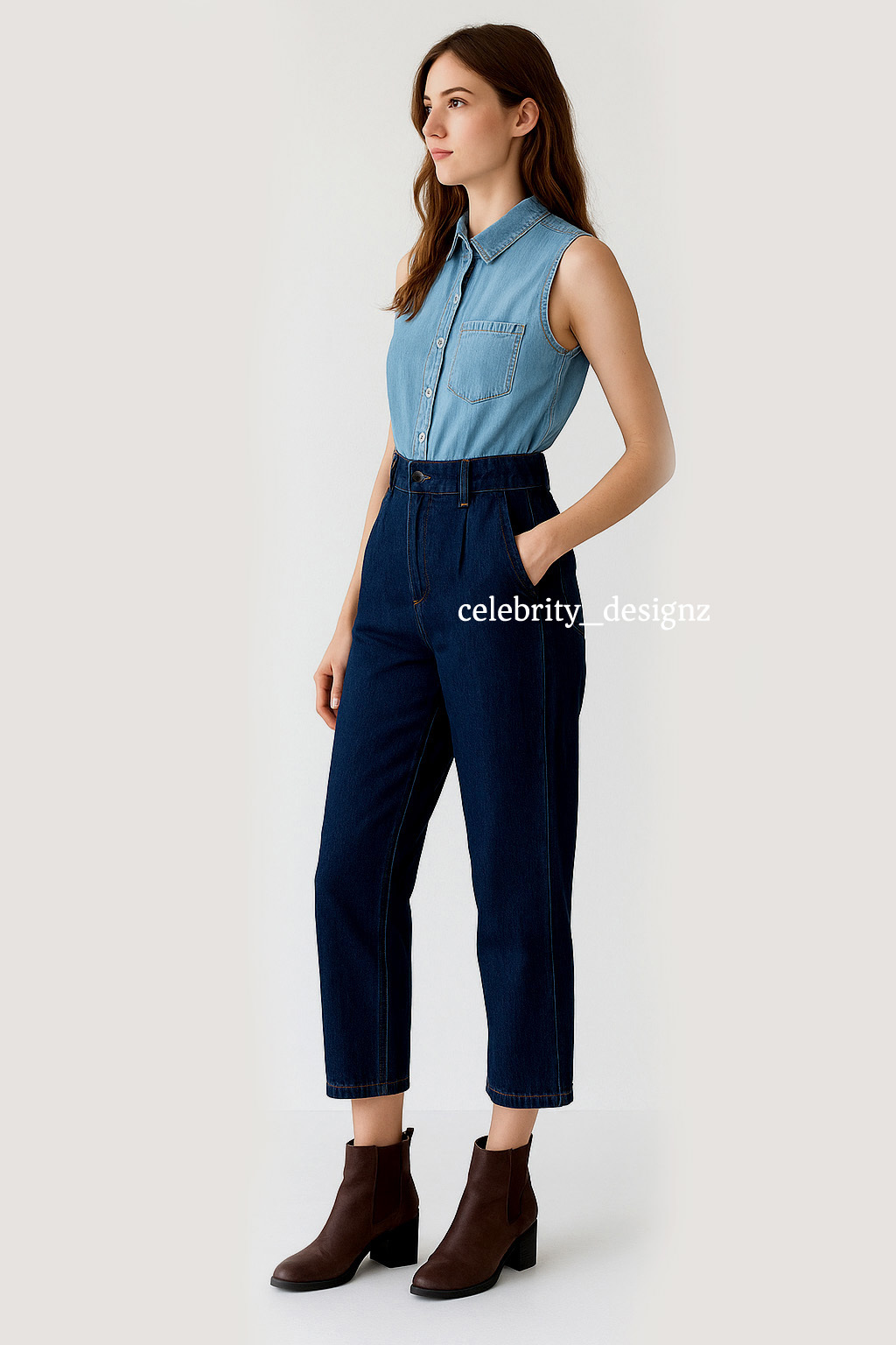 Women's Two-tone Double Denim Sleeveless Belted High Waist Jumpsuit RRP$90 AUS Item image 2