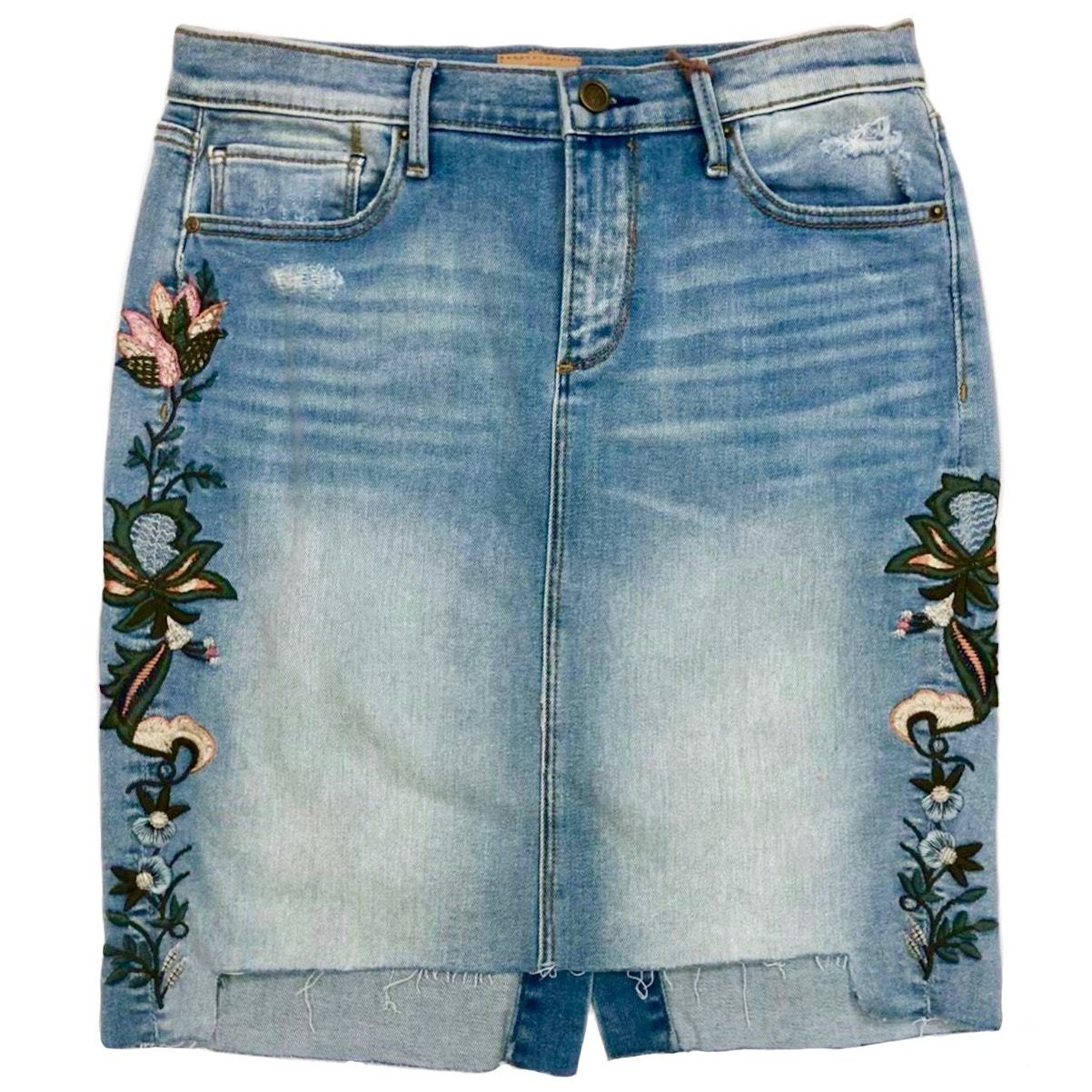 Driftwood Skylar Distressed Floral Embroidered Denim Skirt Blue 27 - $45.00