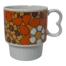 Vintage 60s Floral Coffee Tea Mug Orange Yellow White Flowers Retro &quot;B&quot; ... - $9.50