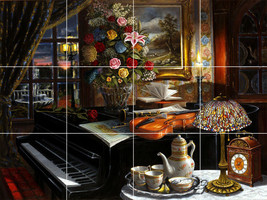 Music Room piano violin flower water fountain view ceramic tile mural backsplash - £44.41 GBP+