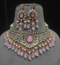 Bollywood Style Indien Rose Plaqué Or Zircone Kundan Collier Ras Ensemble Bijoux - £148.39 GBP