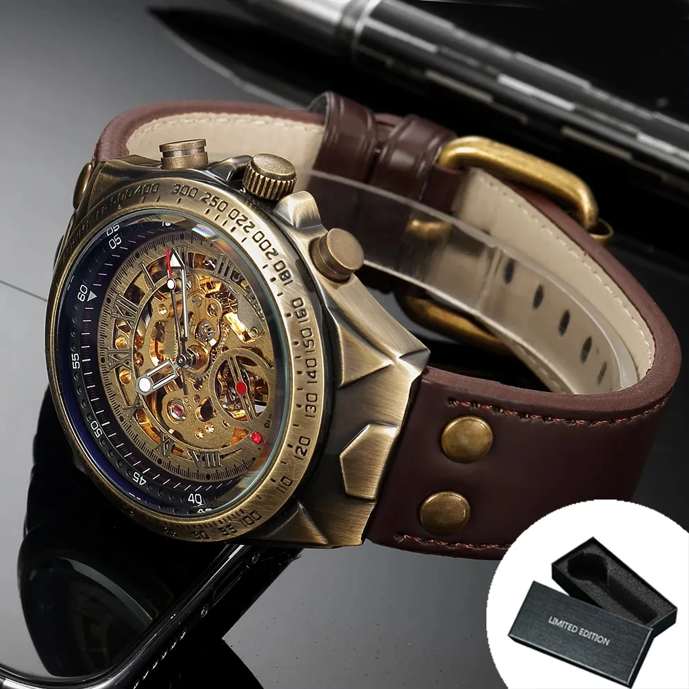  Retro Skeleton Automatic Mechanical Watch for Men  Hand Brown Leather Belt   St - £50.25 GBP