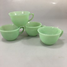 4 Fire King Jadeite Green Glass Jane Ray Ribbed Tea Cups 6 oz Vintage Oven Ware - £72.33 GBP