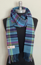 100% CASHMERE SCARF Plaid Blues / Purple / Lime Made in England Warm Woo... - $9.49
