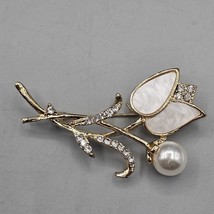 Tulip Brooch Pin Gold Tone Faux Pearl Iridescent Petals Rhinestone Accent - $14.99