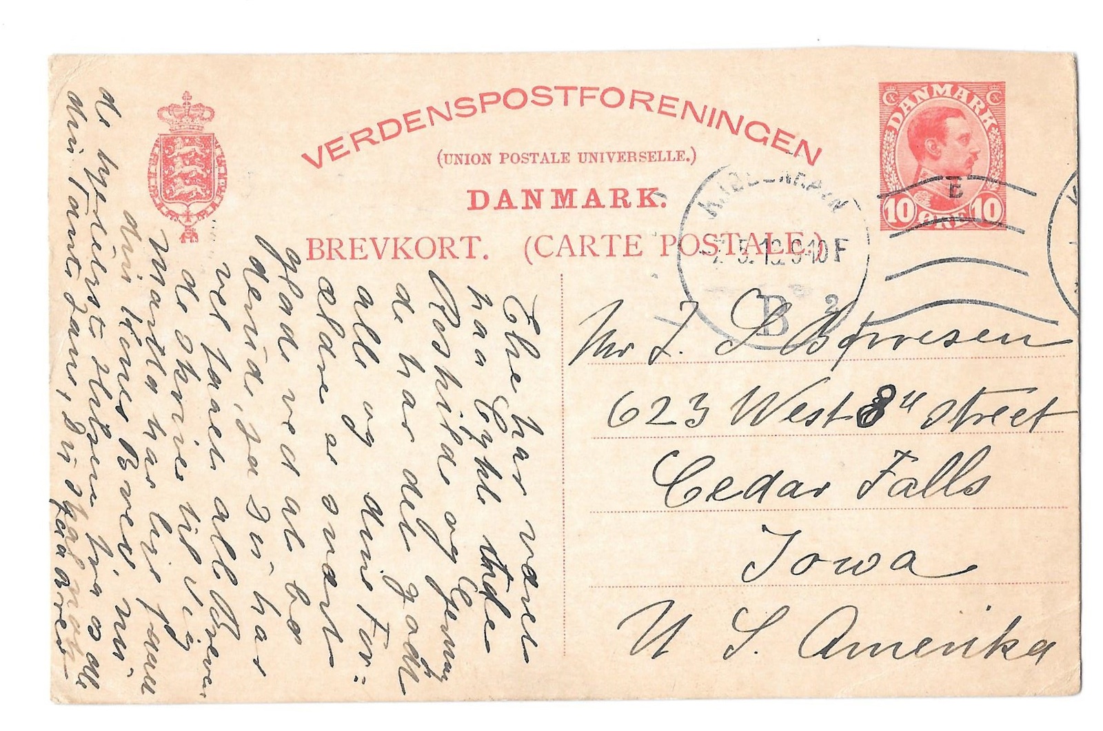 Denmark 10 ore Verdenspostforeningen UPU Postal Stationery Card to Iowa USA - $4.99