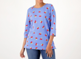 Quacker Factory Spring Fling 3/4 Sleeve French Terry Top- Blue &amp; Strawberry, 1X - £21.95 GBP