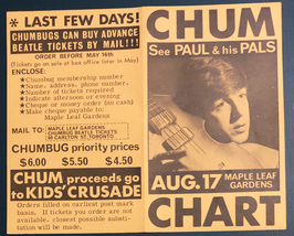 Beatles Chum Chart Handbill for Beatles Tickets for Concert in Toronto 1966 - £36.19 GBP