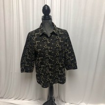 Alfred Dunner Jacket Shirt Womens 14 Petite Black Tan Embroidered Button Up Top - £12.50 GBP