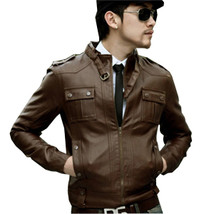 Unique Brown Leather Jacket With Belted Tab Collar Shoulder Epaulets Fro... - $2,546.82 MXN
