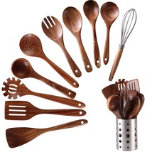 Wooden Kitchen Utensils Set With Holder, 11 Pcs Teak Wooden Cooking Spoons And S - £63.14 GBP