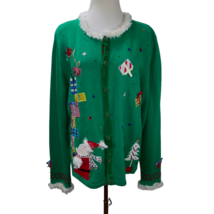 Vintage Berek Embroidered Santa Christmas Linen Cotton Cardigan Size XL ... - $44.99