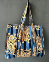 100% Pure Cotton Blue Hand Block Animal Print Handmade Kantha Tote Shopping Bag - £39.14 GBP