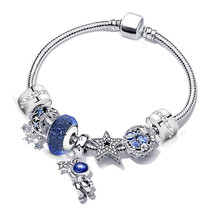 Blue Shinning Star Moon Charm Beads Fit Silver Plated Bracelet DIY Explore Natur - £12.17 GBP