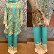 Pakistani Sea Green Organza gown style Suit, Fancy Threadwork and Sequins,Medium - £100.46 GBP