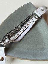 Multistrand Silvertone &amp; Blackened Chain Faux White Leather Snap Bracele... - £10.26 GBP