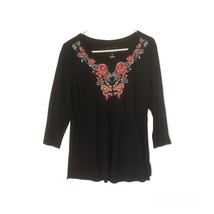 Sanoma Women&#39;s Blouse Floral Embroidery Bodice 3/4 Sleeve Pullover Black Size S - £13.40 GBP