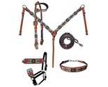 Western Horse 5pc Teal/Orange Beaded Leather Tack Set Headstall w/Breast... - $174.40