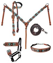 Western Horse 5pc Teal/Orange Beaded Leather Tack Set Headstall w/Breast... - £137.18 GBP