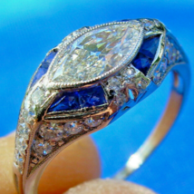 Eart mined Diamond Deco Engagement Ring Marquise Platinum Sapphire Solit... - $12,326.25