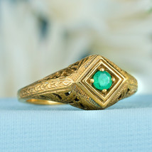 Natural Emerald Filigree Ring in Solid 9K Yellow Gold - £519.58 GBP