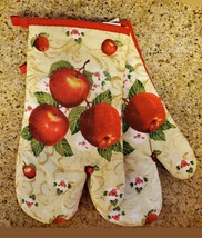 Oven Mitts, Set of 2, Red Apple Blossom design, Large 13", Cotton Kitchen Linens image 1
