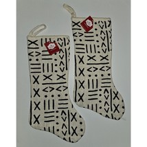 NEW 2 African Mud Cloth Christmas Stocking Lot Beige Textured Woven Fabric Black - £23.67 GBP