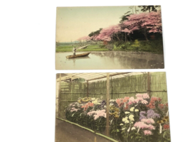 2- Antique Postcard Japanese fishermen and Flower Garden hand colored card. - £6.82 GBP