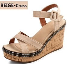 Women&#39;s Beige Suede Buckle Strap Peep Toe Platform Wedge Summer Sandals 5-8 - £33.53 GBP
