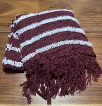 Nordstrom Rack Burgundy Red Striped Soft Knit Fringe Throw Blanket 54&quot;X62&quot; New - £20.29 GBP