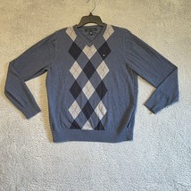 Tommy Hilfiger Men&#39;s Pullover V-Neck Sweater Navy Blue Argyle Long Sleev... - £8.70 GBP