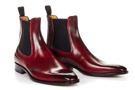 Bespoke Handmade Men&#39;s Burgundy Color Genuine  Calf Leather Chelsea Ankl... - £166.54 GBP