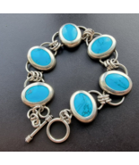 VINTAGE 925 STERLING SILVER OVAL TURQUOISE LINK TOGGLE BRACELET 8 inch - $3,411.12 MXN