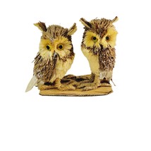 Wood Bristle Owl Pair 5 Inch Brown Handcrafted Delicate Figures Natural - $14.83