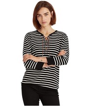 Lauren Ralph Lauren Striped Waffle-Knit Drawcord Top – Polo Black, Size XL - £32.53 GBP