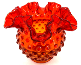 Vintage Fenton Glass Red Orange Amberina Hobnail Rose Bowl Vase Ruffled, Crimped - £38.91 GBP