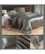 Luxury Silver Gray Mulberry Silk Satin Top Sheet Duvet w/ 2 Pillow Cases... - £35.80 GBP