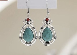 Antiqued Silver and Turquoise Teardrop Cabochon Drop Earrings - £7.68 GBP